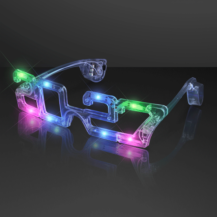 Animated preview of the green, blue and pink lights on 2027 party glasses