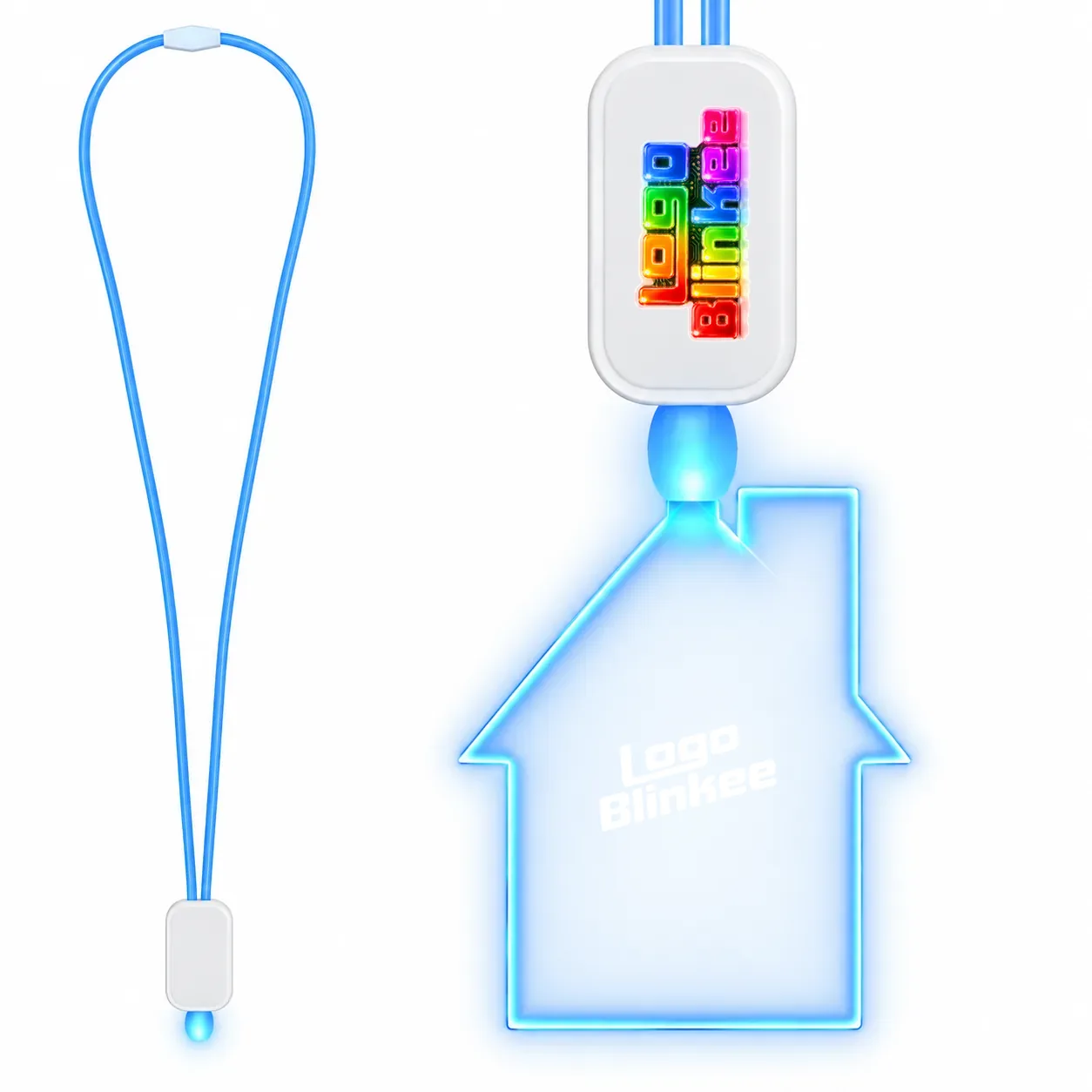 Custom Neon-Look Lanyard with Acrylic House Pendant Custom Light-Up Necklaces Custom Neon-Look Lanyard with Acrylic House Pendant Custom Light-Up Necklaces