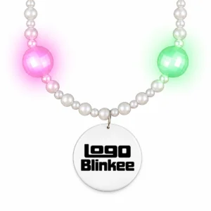 Custom Light Up Pearl Bead Necklace with White Logo Medallion